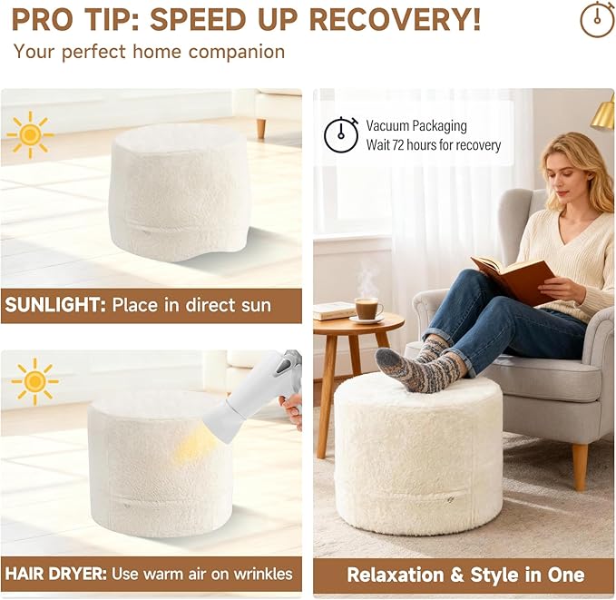 Tiita Round Stuffed Pouf Ottoman, Plush Poufs with Foam Chunk Filling, Foot Rest Stool for Living Room, Cream