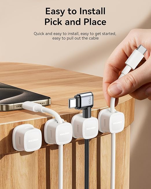 6-Pack Magnetic Cable Clips Cord Organizer-Cables Smooth Adjustable, Rocoren Desk Cable Management Accessories,Cord Holder Clips Wire Holder Keeper for Desktop,Nightstand,Home Office,Workspace,Phone