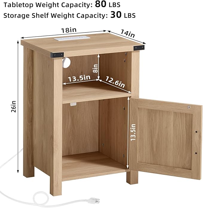Joaxswe Boho Fluted Nightstand for Bedroom, 18" Rustic Night Stand with Charging Station & USB Port, Modern Accent Bedside Tables with Open Storage Shelf & Door, Wood End Table for Home, Natural Oak