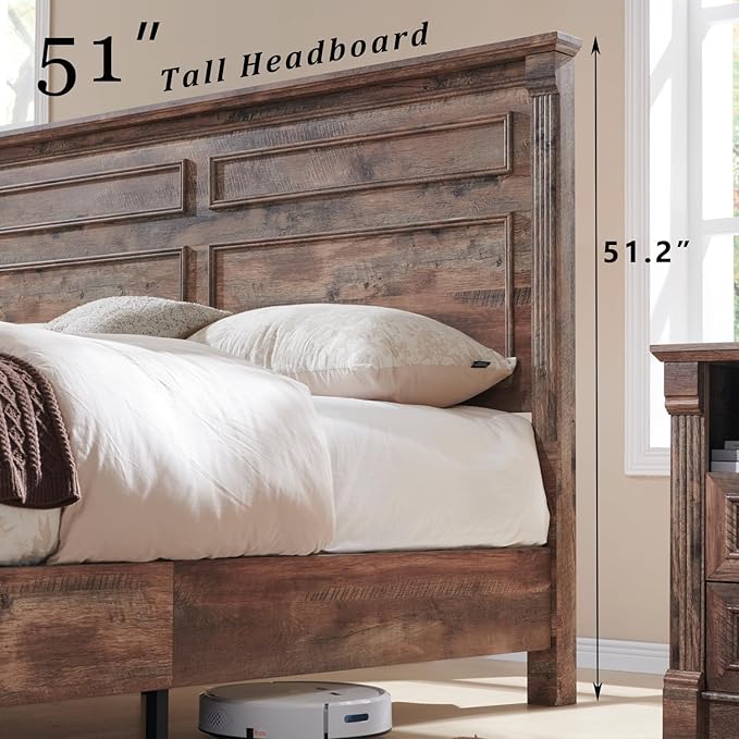 Farmhouse King Size Bed Frame with 51" Tall Headboard, Wood Platform Bed Frame with 20" Tall Roman Column Decoration Footboard & 3 Large Storage Drawers, No Box Spring Needed (Light Brown)