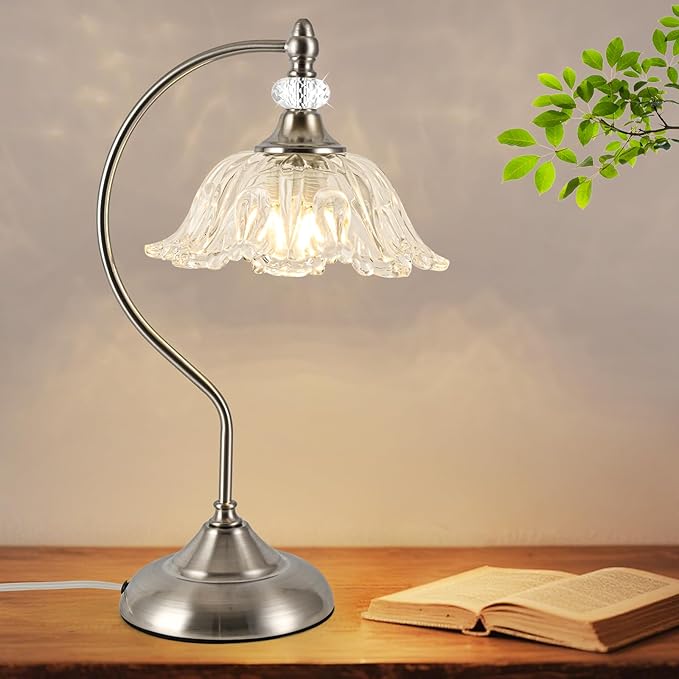 Brushed Nickel Table Lamp with a Floral Clear Glass Shade, A Plug-in Nightstand Lamp in Brushed Nickel Finish for Bedroom, Living Room,Office, and Desk