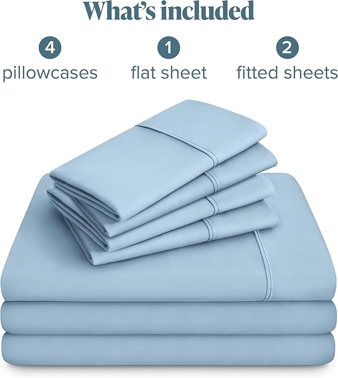 Bare Home Hotel Luxury Split King Sheet Set, Extra Soft, 7 Piece Set, Deep Pockets, Easy Fit, Cooling & Breathable, Wrinkle, Fade, Stain Resistant, Includes 4 Pillowcases (Split King, Light Blue)