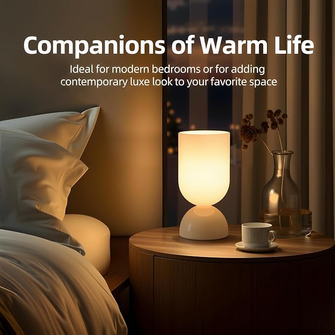 8.9" Modern Glass Table Lamp for Living Room, Dimmable Desk Lamps for Bedroom, UL Listed Nightstand Lamp with Dome Base, End Table Lamps for Home, Side Tables, College Dorm, Office, Glossy White