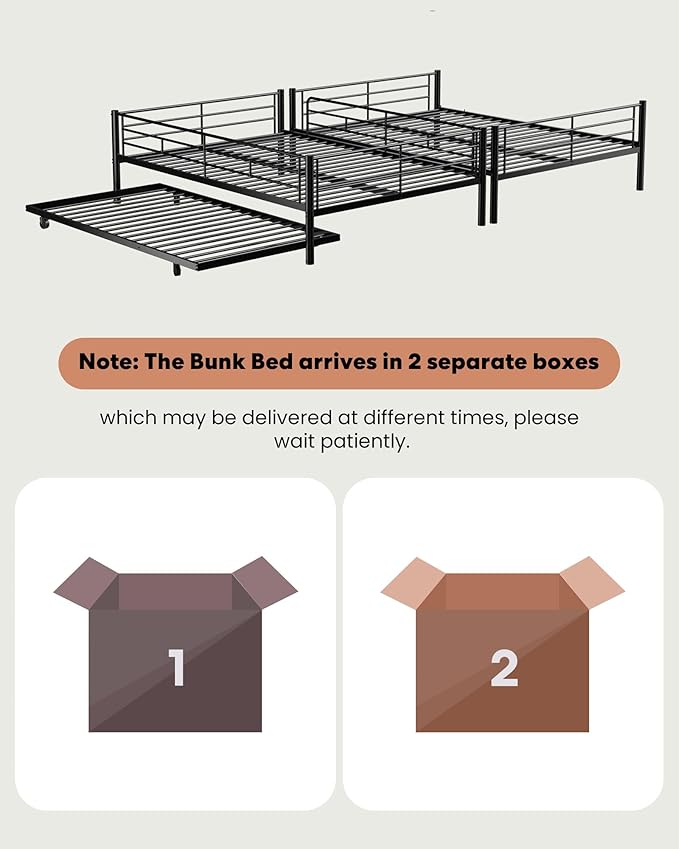 Full XL Over Queen Bunk Bed with Trundle, Heavy-Duty Queen Bunk Bed with with Safety Ladder and Full-Length Guardrail, Convertible to 3 Beds for Teens and Adults, Black