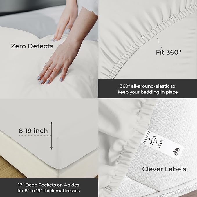 Mayfair Linen 100% Egyptian Cotton Queen Sheets Set - 2000 Series Luxury Sheets Queen Size Bed Set, Soft & Cooling, Sateen Weave 17" Extra Deep Pocket Hotel Collection Sheet (4 Pc, Light Grey)