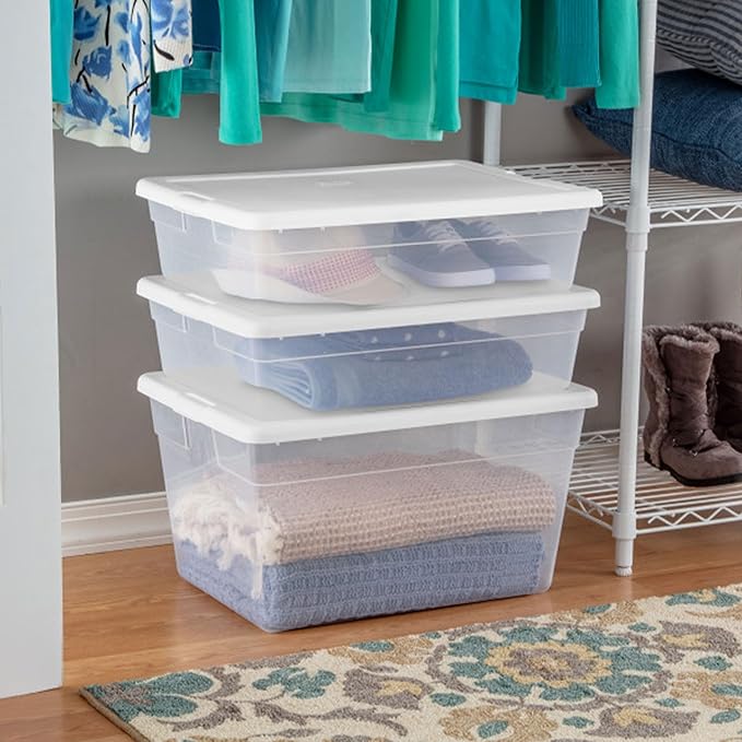 Sterilite 30-Pack Storage Box, Stackable Clear Plastic Bins with Snap-On Lids, 28 Quart