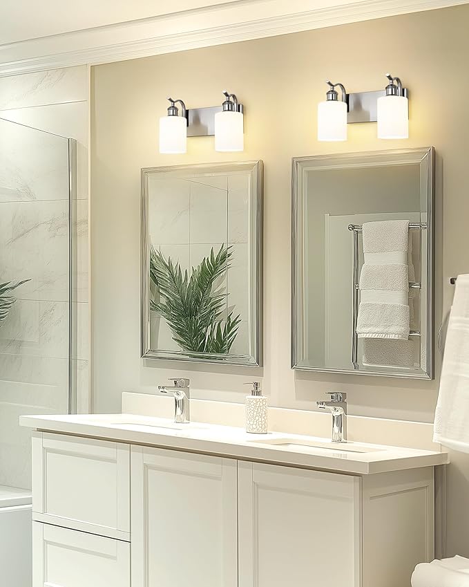 Milk Glass Bathroom Light, 2-Light Vanity Light Fixture, Brushed Nickel Wall Sconce, VL01BNW-2