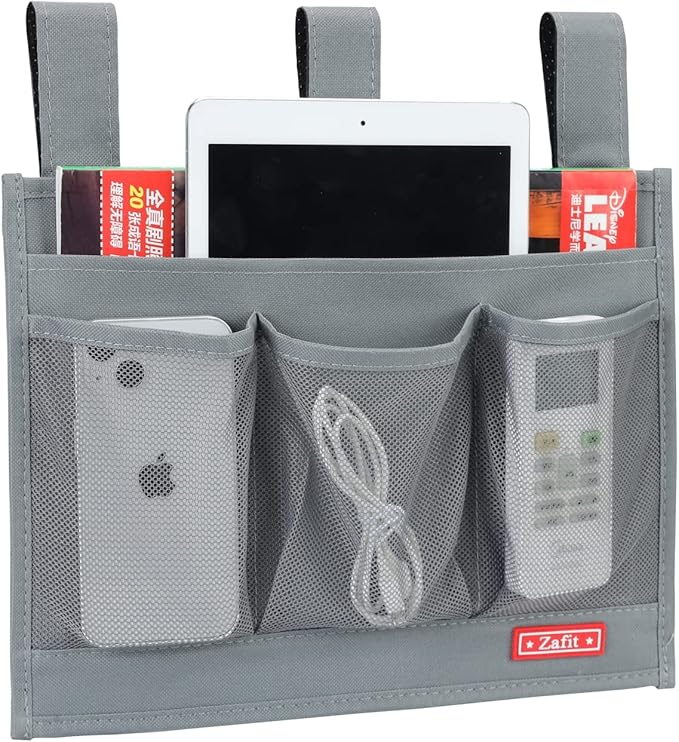 Zafit Hanging Bedside Caddy, Bedside Storage Organizer for Magazine, Phone, Remote control (Classic 4 Pockets-Grey)