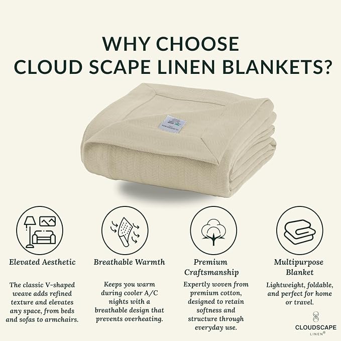Cloud Scape Linen 100% Cotton Blanket Twin 68x92 Fog - Cozy Herringbone Weave, Fits Up to Twin XL Size Beds, Breathable Softness, All-Season Warmth, Winter Blanket, Bedding Gift Choice