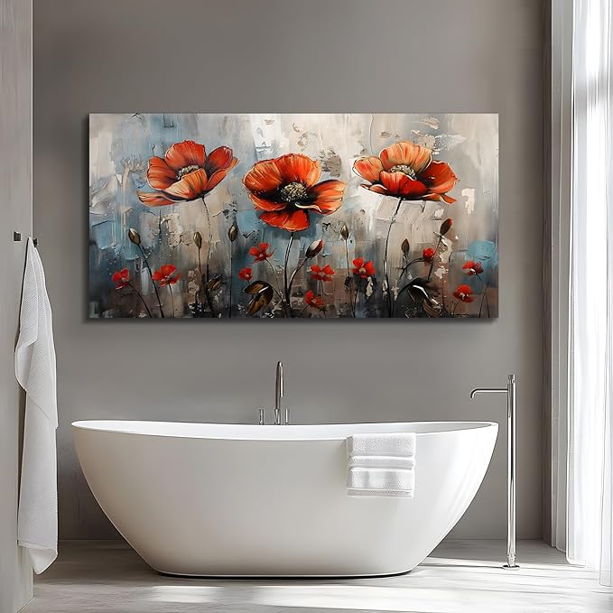 SERIMINO Large Wall Art for Living Room, Nature Floral Botanical Wall Art, Red Flowers Canvas Prints Paintings, Wildflower Modern Home Decor Bathroom Dining Room Kitchen 29"X57"