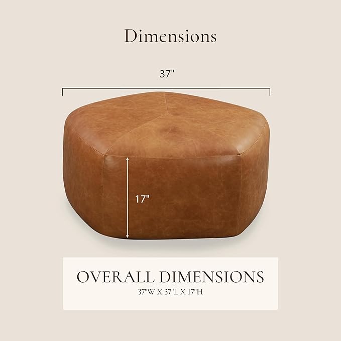 POLY & BARK Porto Ottoman – 37" Pentagon Pouf with Feather-Down Topper – Full-Grain Leather Upholstered Pouf Ottoman for Living Room – Vintage Italian Leather in Cognac Tan