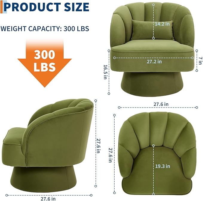 GarveeHome Modern Swivel Barrel Accent Chair, 360 Degree Velvet Upholstered Armchair with Striped Backrest & Plush Padding, Comfy Round Lounge Chair for Living Room, Bedroom, Reading Nook, Green 2 PCS