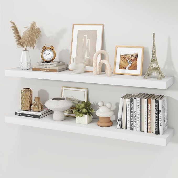 Floating Shelves for Wall, 9.3" Deep Wall Mounted Wood Shelves for Bathroom, Bedroom, Living Room, Kitchen, Hanging Shelf for Books/Storage/Room Decor (White, 48")