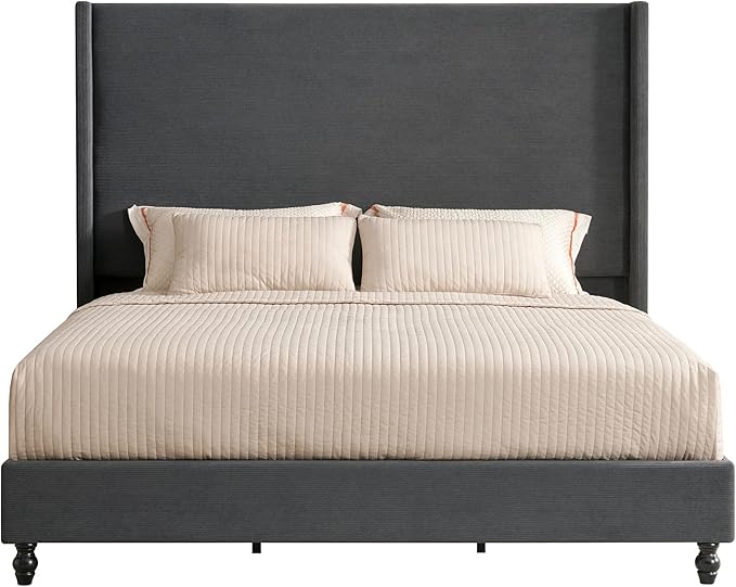 King Bed Frame with 65" Tall Headboard, Horizontal Fine Corduroy Bed Frame with Wingback, Upholstered Platform Bed, Vintage Solid Wood Gourd Legs, No Box Spring Needed, Black
