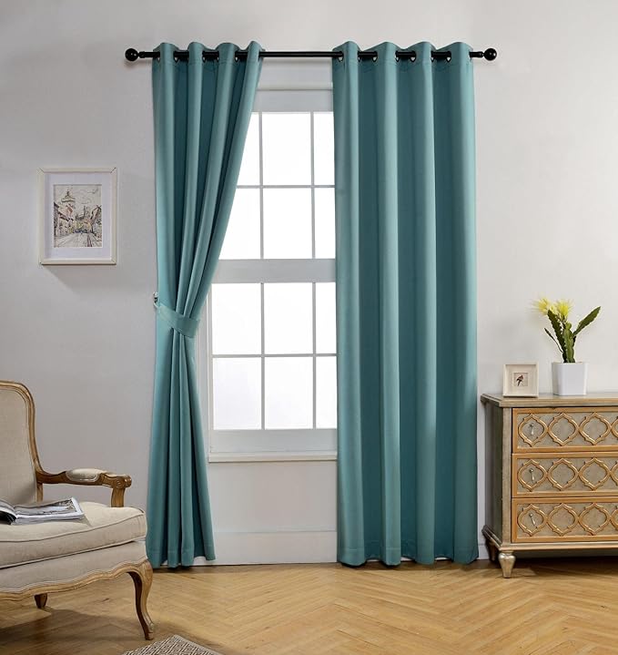 MIUCO 1 Pair Thermal Insulated Grommet 52-Inch-by-95-Inch Blackout Window Curtain Panels with 2 Tie Backs Teal