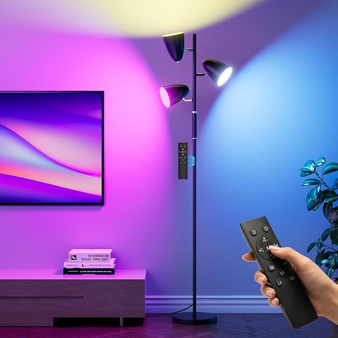 QiMH LED Floor Lamp for Living Room, 36W Modern Standing Lamp with 3 Lights, Tree Floor Lamp for Bedroom with 4 Colors Changing& RGB Mode, Remote and Touch Control Stepless Dimmable Tall Lamp, Black