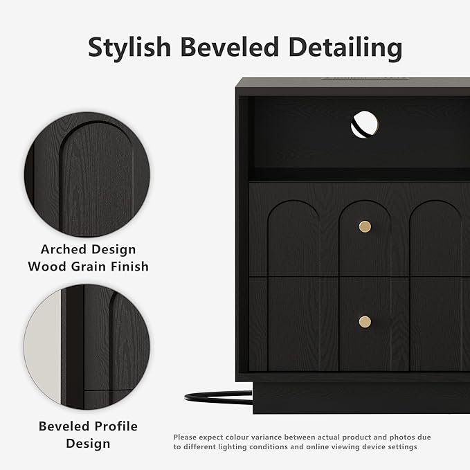 Nightstand Set of 2 with Charging Station, Mid Century Modern Nightstand with Arched Design, Minimalist End Table Wood Grain Bedside Tables for Bedroom or Living Room, Black