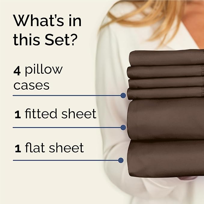 Full 6 Piece Sheet Set - Cooling, Comfy & Breathable - Hotel Luxury Bedding, Includes Fitted Sheet for Women, Men, Kids and Teens - 1 Flat, 1 Fitted Sheet, 4 Pillowcases with Deep Pockets - Brown