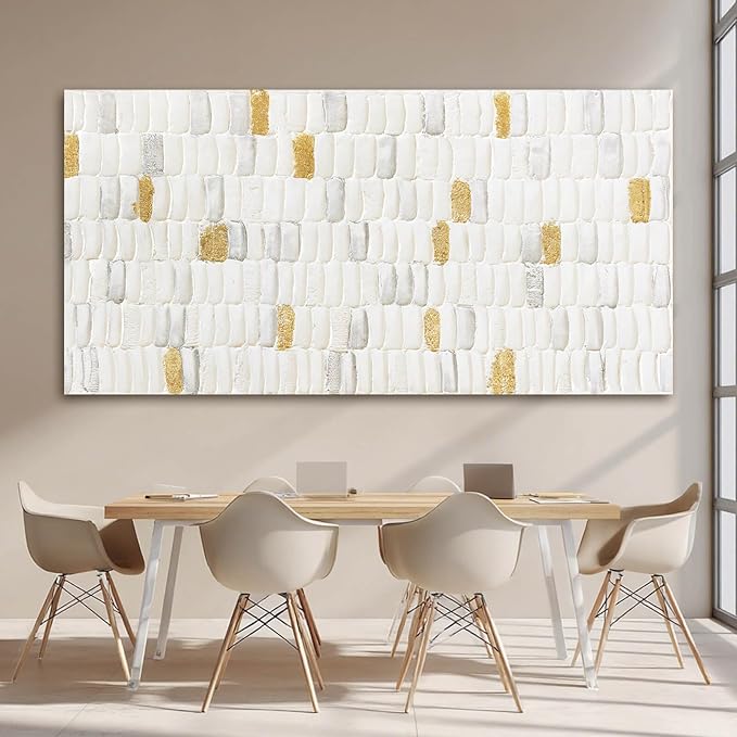 YETHEN WAL White and Gold Textured Wall Art 29x58, Hand-Painted Neutral Abstract Canvas, Gold Leaf Minimalist Oversized Wall Decor for Living Room Bedroom Office