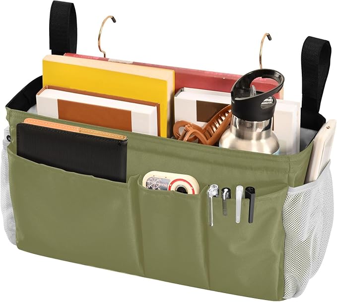 Olive Color Bedside Caddy Storage Bag Bedside Organizer for Dorm Room Top Bunk Bed Bedside Shelf Hanging Organizer 6 Pockets with Hooks for Glasses Book Tablet Holder