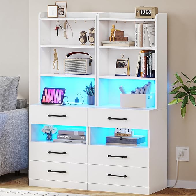 VIAGDO Tall Nightstand Set of 2 with Charging Station and LED Lights, White Night Stand Set 2 with Bookshelf, Modern LED Bedside Tables with 3 Drawers and Storage Shelves, Side Tables for Bedrooms