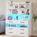 VIAGDO Tall Nightstand Set of 2 with Charging Station and LED Lights, White Night Stand Set 2 with Bookshelf, Modern LED Bedside Tables with 3 Drawers and Storage Shelves, Side Tables for Bedrooms