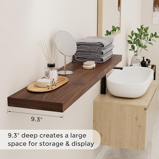 Fun Memories Farmhouse Floating Shelves for Wall, 48 x 9.3 Large Floating Shelf Wall Mounted, Rustic Wood Shelves for Bathroom, Kitchen, Living, Heavy-Duty Storage Deep Shelf for Books, Decor, Walnut