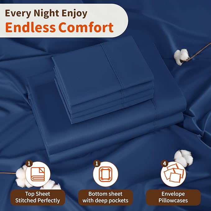 LBRO2M 1000 Thread Count 100% Egyptian Cotton Sheets Set 6 Piece Sets Queen Bed Sheet Deep Pocket Sheet Set 16" Soft Comfortable All Season (Queen, Navy Blue)