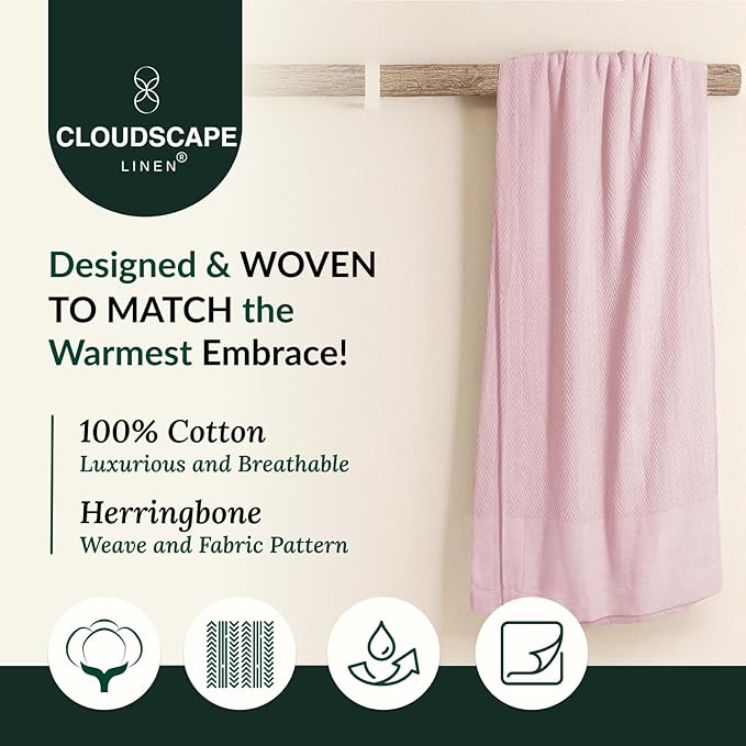 Cloud Scape Linen 100% Cotton Blanket King 92x108 Seashell Pink- Cozy Herringbone Weave, Fits Up to Cal King Beds, Breathable Softness, All-Season Warmth, Heavy Layering Winter Blanket