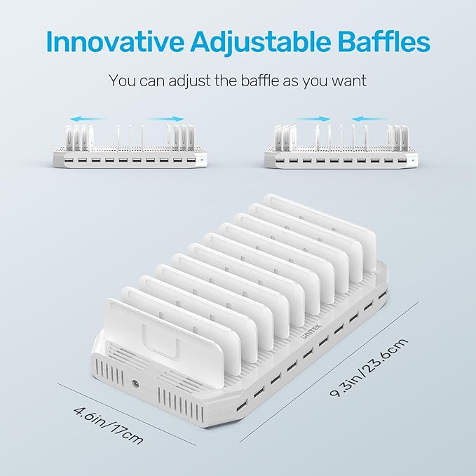 【10PCS】 Unitek Multi Charging Station, 10-Port USB Charger for Multiple Device with SmartIC Tech and Adjustable Dividers, Organizer Stand Compatible with iPad, Tablet, Kindle, iPhone - 10PCS, White