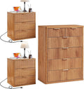 LEYAOYAO 42" Tall Fluted Dresser and 3 Drawers 23" Nightstand Set of 2, Wooden Dresser & Night Stand with Charging Station, 3 Piece Bedroom Furniture Set, Wood Chest of Drawer for Living Room,Brown