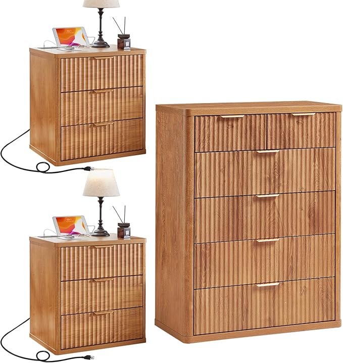 LEYAOYAO 42" Tall Fluted Dresser and 3 Drawers 23" Nightstand Set of 2, Wooden Dresser & Night Stand with Charging Station, 3 Piece Bedroom Furniture Set, Wood Chest of Drawer for Living Room,Brown