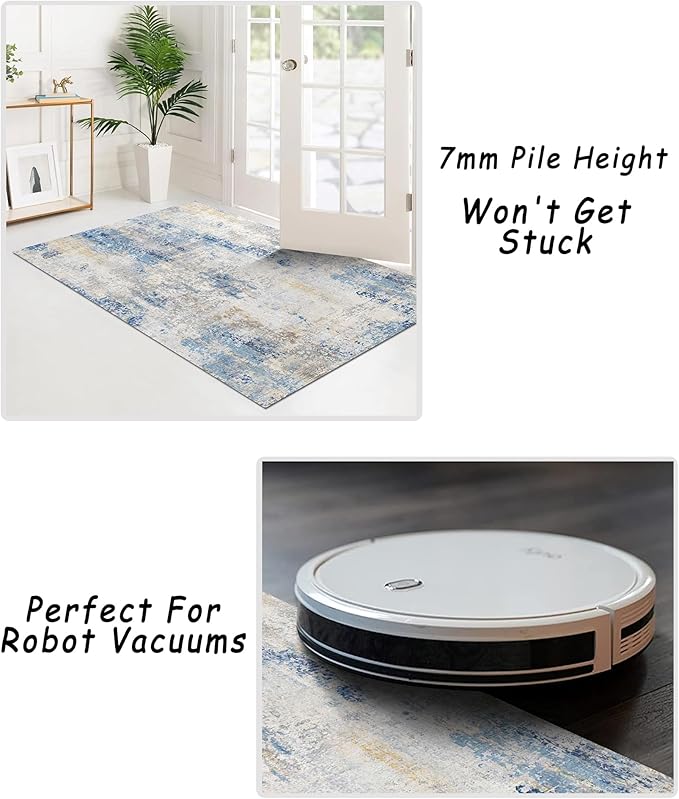 8x10 Area Rugs for Living Room, Non-Slip Backing Washable Rug 8x10, Large Area Rug Soft Carpet for Bedroom Dining Room, Modern Abstract, Easy Clean, Durable, Blue Ivory Yellow