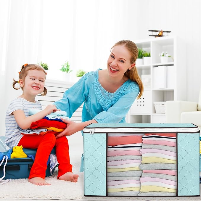 Budding Joy 90L Large Storage Bags, 8 Pack Clothes Storage Bins Foldable Closet Organizer Storage Containers with Durable Handles Storage and Organization, Blanket, Pillows and Toys (Blue)