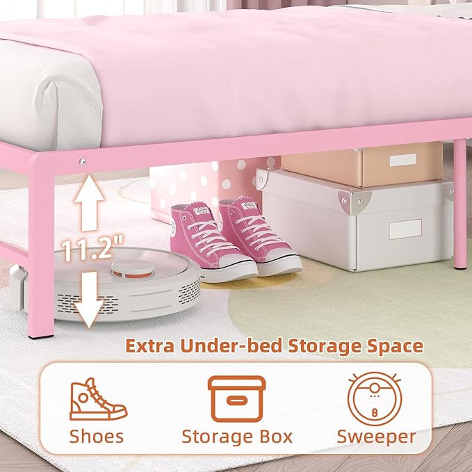 Twin Bed Frames with Charging Station, 2 Tiers Storage Headboard Twin Sized Bed No Box Spring Needed Heavy Duty Metal Platform for Girls, Pink