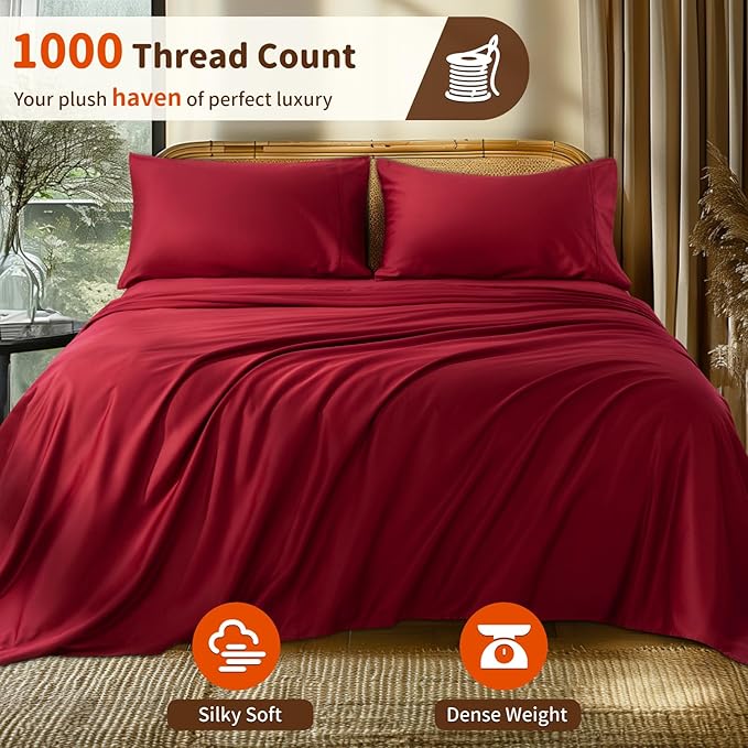 LBRO2M 1000 Thread Count 100% Egyptian Cotton Sheets Set Twin XL, 3 Piece Sets Bed Sheet Deep Pocket Sheet Set 16" Soft Comfortable All Season (Twin XL, Burgundy)
