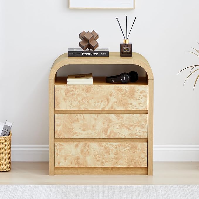 3 Drawer Dresser for Bedroom, Modern Chest of Drawers with Open Shelf, Burl Wood Tall Nightstand End Table for Living Room, Hallway (Natural)