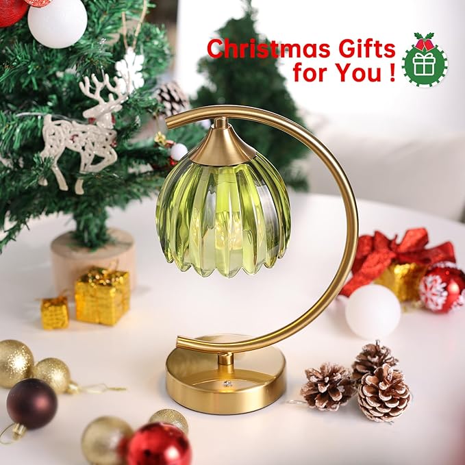 Tulip Table Lamp with 5200mAh Battery & Touch Control, Cordless Lamp with 3 Color Temperatures Clear Bulb, Rechargeable Small Table Lamps for Living Room, Bedside, Nightstand (Green Tulip)