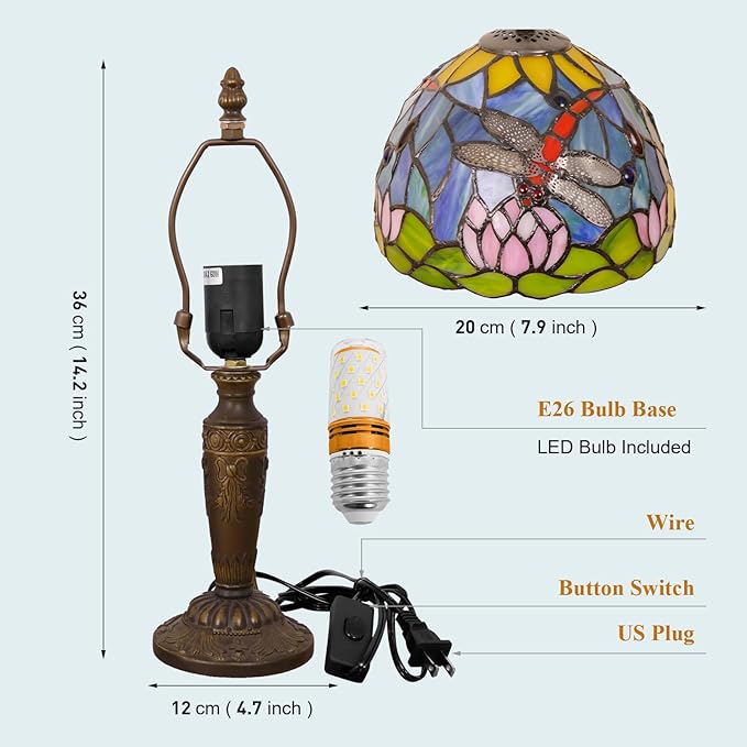 Tiffany Lamp Stained Glass Table Lamp 7.9X7.9X14.2 Inches Dragonfly and Lotus Style Desk Reading Light