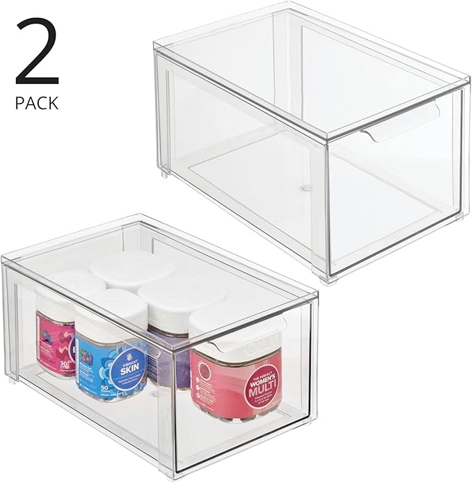 mDesign Plastic Stackable Bathroom Storage with Pull Out Bin Organizer Drawer for Cabinet, Vanity, Shelf, Cupboard, Cabinet, or Closet Organization - Lumiere Collection - 2 Pack - Clear