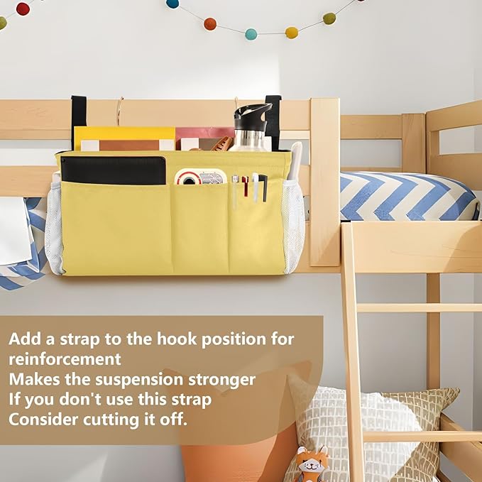 KOPIRIT Lemon Yellow Bedside Caddy Storage Bag Bedside Organizer for Dorm Room Top Bunk Bed Hanging Bag Bedside Shelf 6 Pockets with Hooks for Glasses Book Tablet Holder