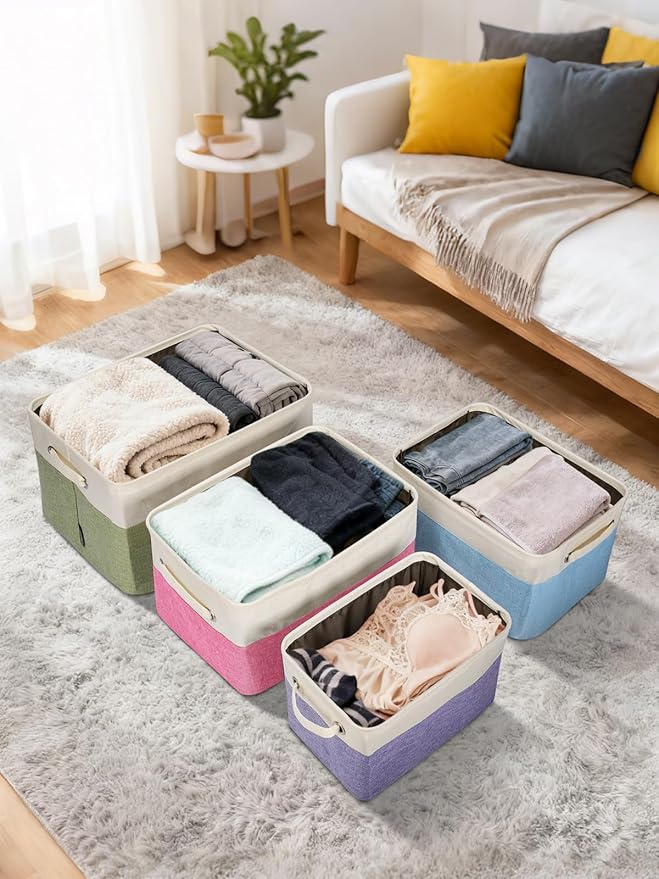 BALEINE 3 Pack Fabric Storage Bins for Shelves, Linen Storage Baskets for Organizing, Decorative Closet Bins for Clothes, Home (Brown, 17''x13''x10.5'')
