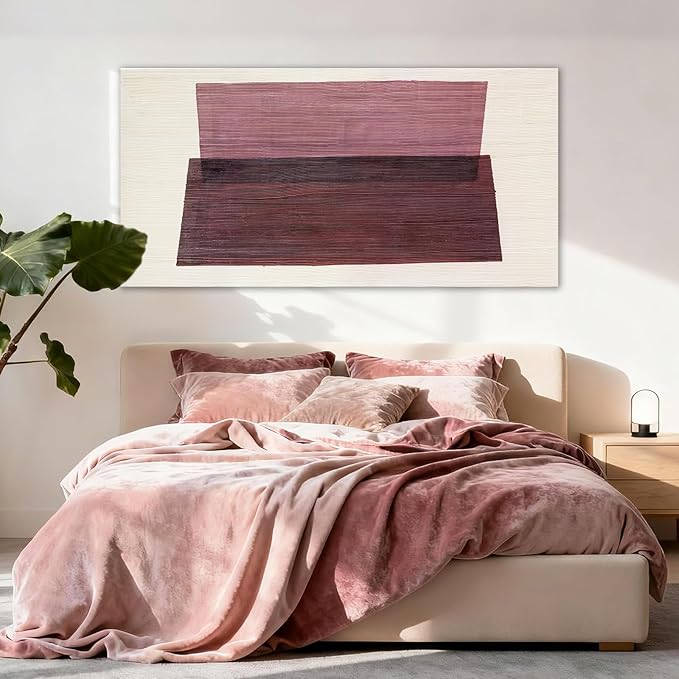 YETHEN WAL Neutral Burgundy Mauve Abstract Wall Art, Hand-Painted Textured Geometric Stripe Canvas Painting, Earth-Tone Minimalist Artwork for Living Room Bedroom Office 20x40 Inch
