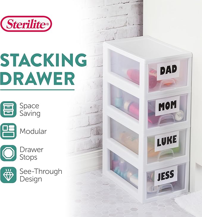 Sterilite 18-Pack 6 Quart Stacking Drawer, Clear Storage Closet Organizer, White Frame - Stackable Modular Plastic Drawers for Clothes, Accessories, Craft Supplies, Shoes or Linens
