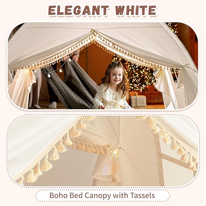 Razee Twin Bed Tent for Kids, Twin Size Toddler Canopy Indoor Princess Playhouse Privacy Tents on Bunk Bed Sleep for Girls Boys, Kid Toys for Birthday Gift, Bohemian Tassel, White