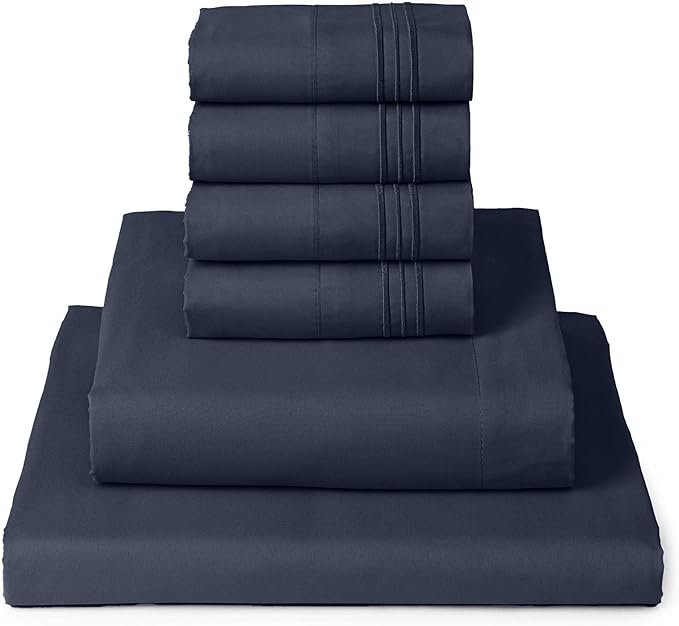 Mellanni California King Sheet Set - 6-Piece Iconic Collection Bedding, (Including 4 Pillowcases), 16-Inch Deep Pocket, Easy Care, Extra Soft, Cooling Sheets, Brushed Microfiber - Navy Blue