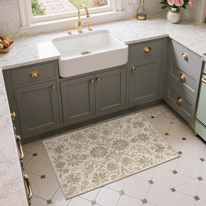 jinchan Torino 2x3 Washable Rugs for Entryway, Vintage-Inspired Floral Neutral Design Non-Slip Low-Pile Doormat, Ultra-Thin Indoor Traditional Accent Carpet for Entrance Bathroom Bedroom, Taupe