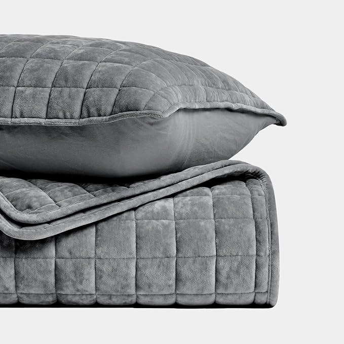 RECYCO Luxury Velvet Quilt Set Full Queen Size Bedding Sets, Ultra Soft Velvet Comforter Set, Lightweight Channel Box Stitch Oversized Bedspread Coverlet for All Season, with 2 Shams, Charcoal Gray