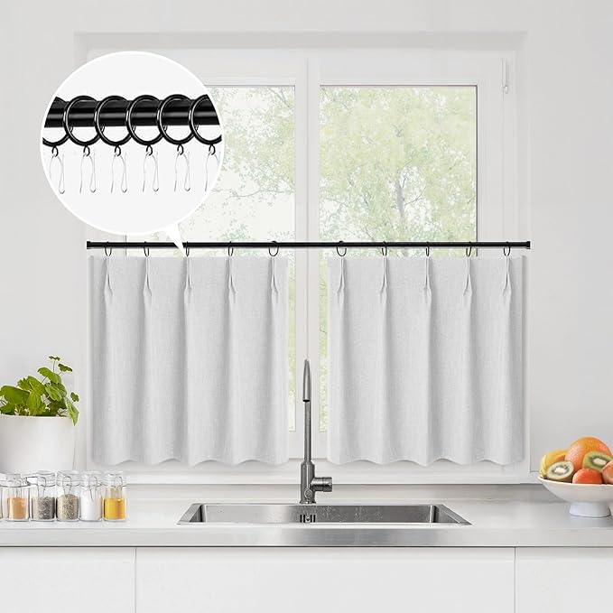 WdFour 24x24 Inch Pinch Pleated Blackout Cafe Curtains - Pack of 2, 100% Light Blocking Back Tab Drapes for Half Windows, Kitchen & Bathroom Short Curtains (Greyish White)