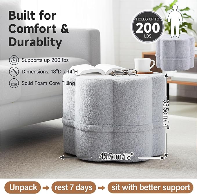 Tiita Floral Pouf Ottoman, Foot Stools Ottoman with Foam Chunk Filling, Puff Foot Rest for Couch, Living Room, Kids Room, Grey